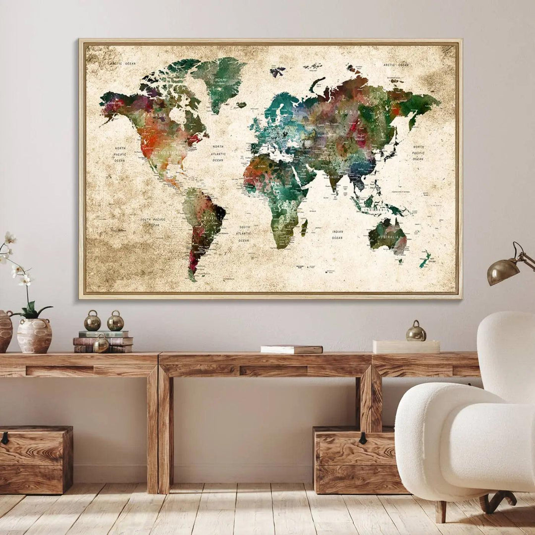 The "World Map Wall Art Print - Grunge Stained Background Large World Map Wall Art Canvas Print" is elegantly displayed on a wooden wall, serving as an ideal focal point in your home decor.