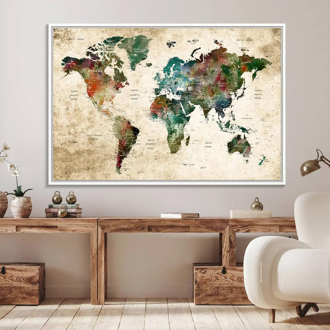 The "World Map Wall Art Print - Grunge Stained Background Large World Map Wall Art Canvas Print" is elegantly displayed on a wooden wall, serving as an ideal focal point in your home decor.