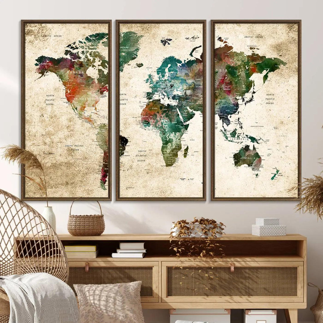 The "World Map Wall Art Print - Grunge Stained Background Large World Map Wall Art Canvas Print" is elegantly displayed on a wooden wall, serving as an ideal focal point in your home decor.