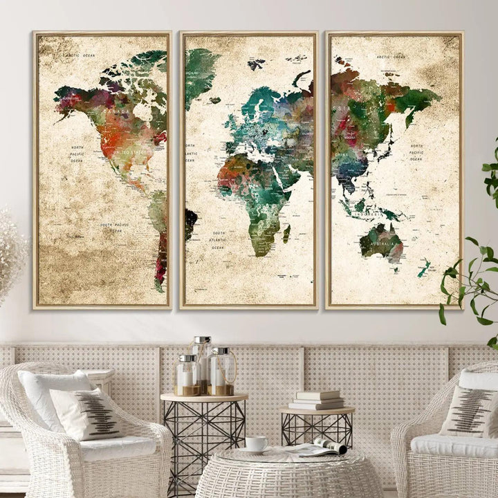 The "World Map Wall Art Print - Grunge Stained Background Large World Map Wall Art Canvas Print" is elegantly displayed on a wooden wall, serving as an ideal focal point in your home decor.