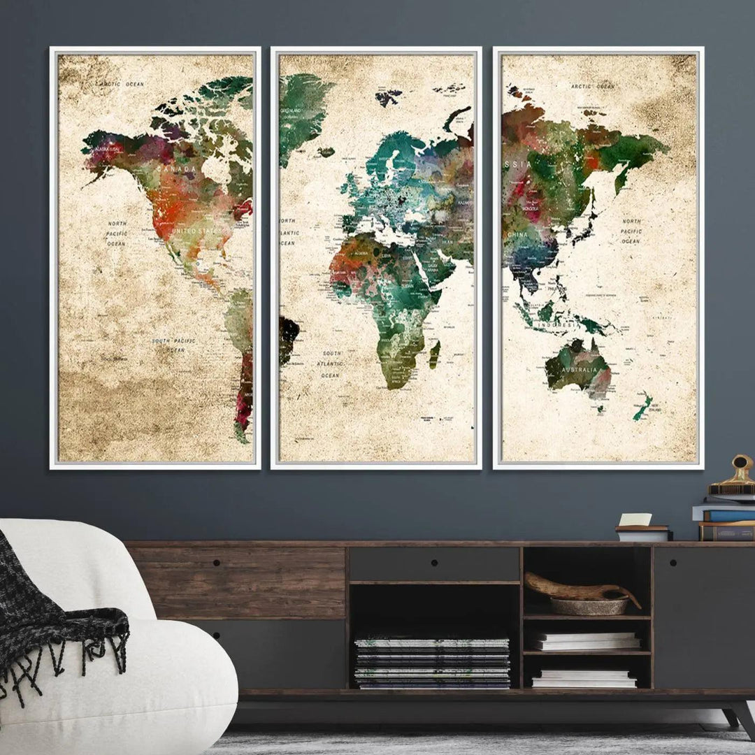 The "World Map Wall Art Print - Grunge Stained Background Large World Map Wall Art Canvas Print" is elegantly displayed on a wooden wall, serving as an ideal focal point in your home decor.