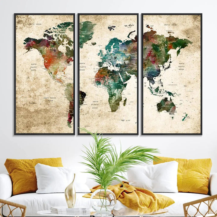 The "World Map Wall Art Print - Grunge Stained Background Large World Map Wall Art Canvas Print" is elegantly displayed on a wooden wall, serving as an ideal focal point in your home decor.