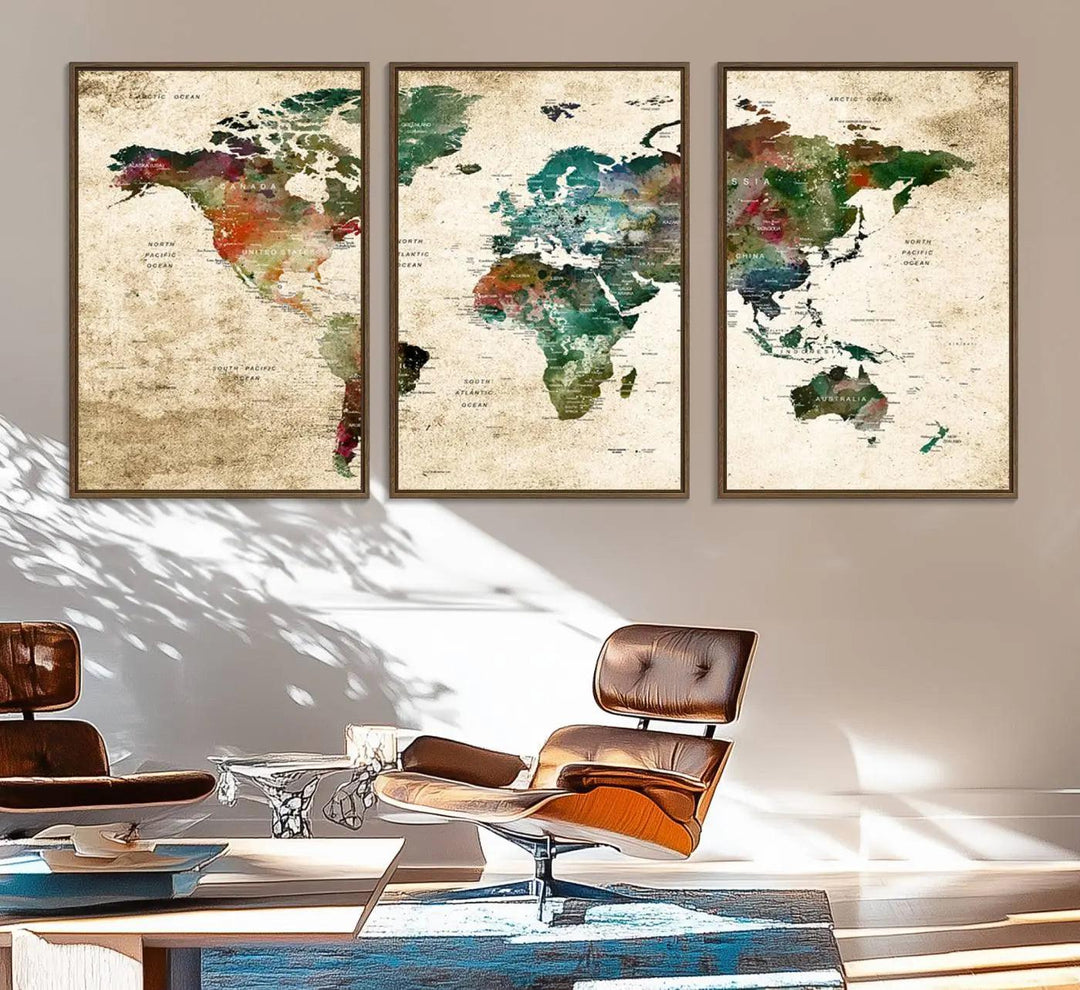 The "World Map Wall Art Print - Grunge Stained Background Large World Map Wall Art Canvas Print" is elegantly displayed on a wooden wall, serving as an ideal focal point in your home decor.