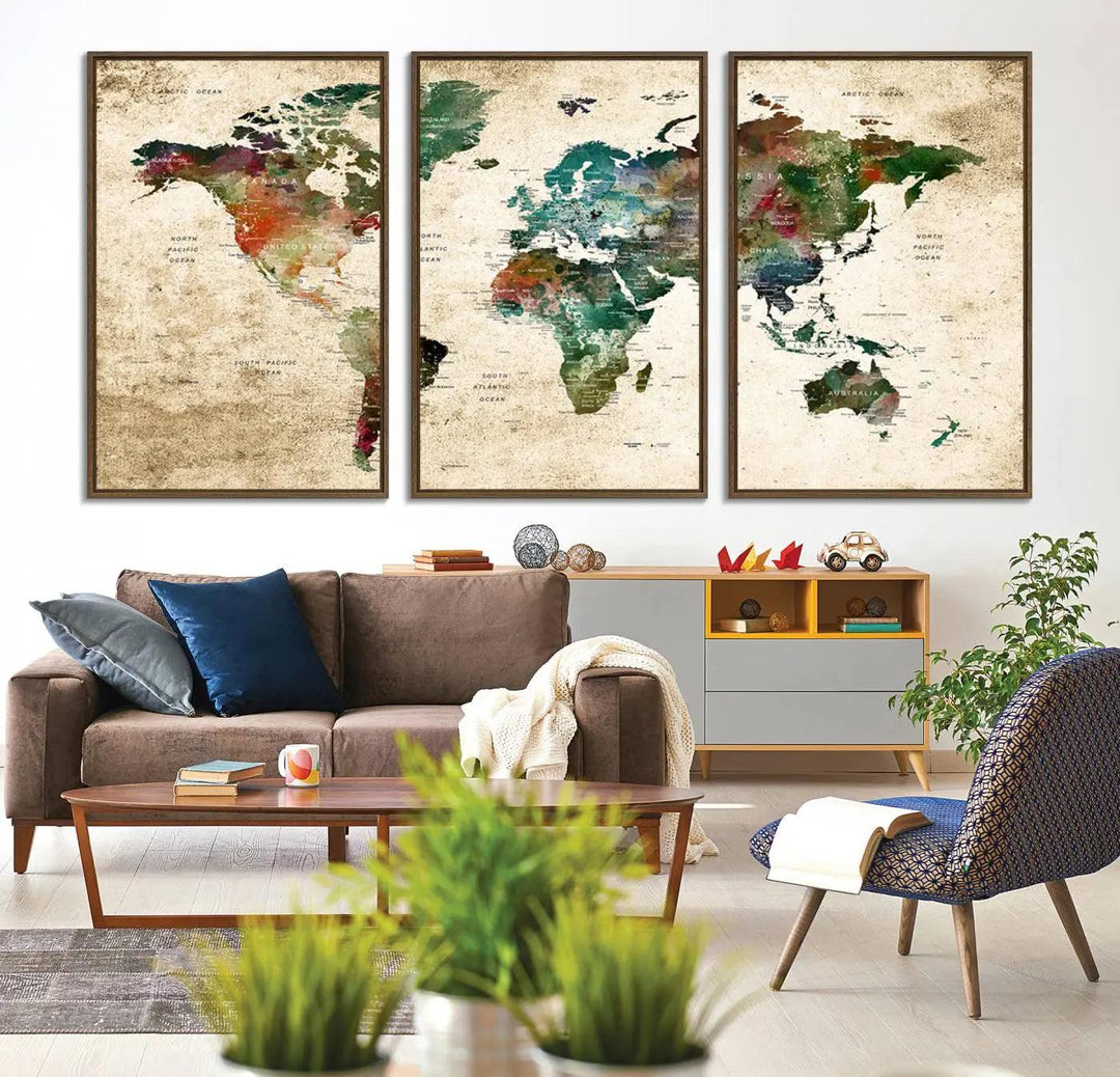 The "World Map Wall Art Print - Grunge Stained Background Large World Map Wall Art Canvas Print" is elegantly displayed on a wooden wall, serving as an ideal focal point in your home decor.