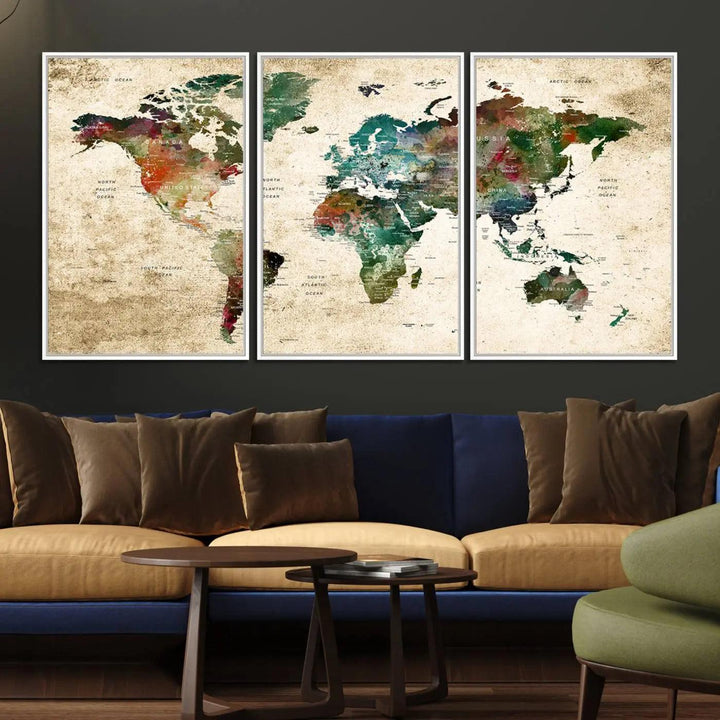 The "World Map Wall Art Print - Grunge Stained Background Large World Map Wall Art Canvas Print" is elegantly displayed on a wooden wall, serving as an ideal focal point in your home decor.