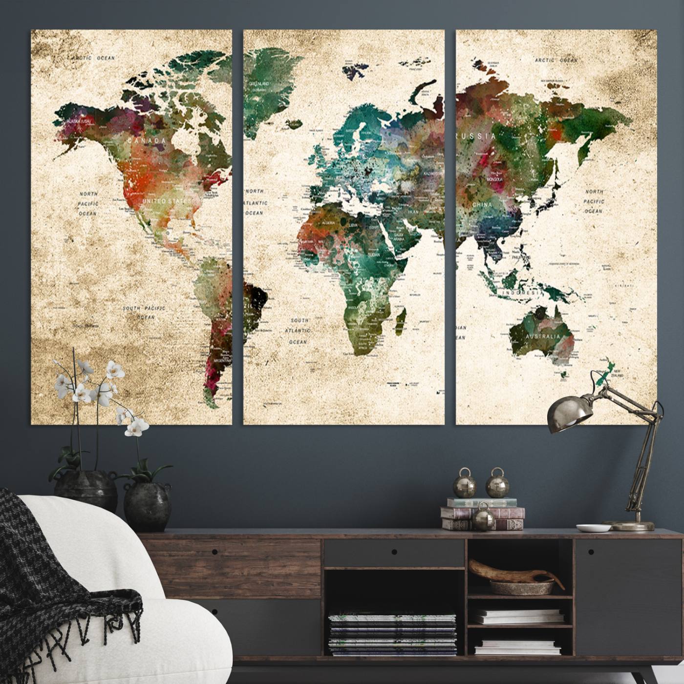 World Map WAll Art Print - Grunge Stained Background Large World Map Wall Art Canvas Print