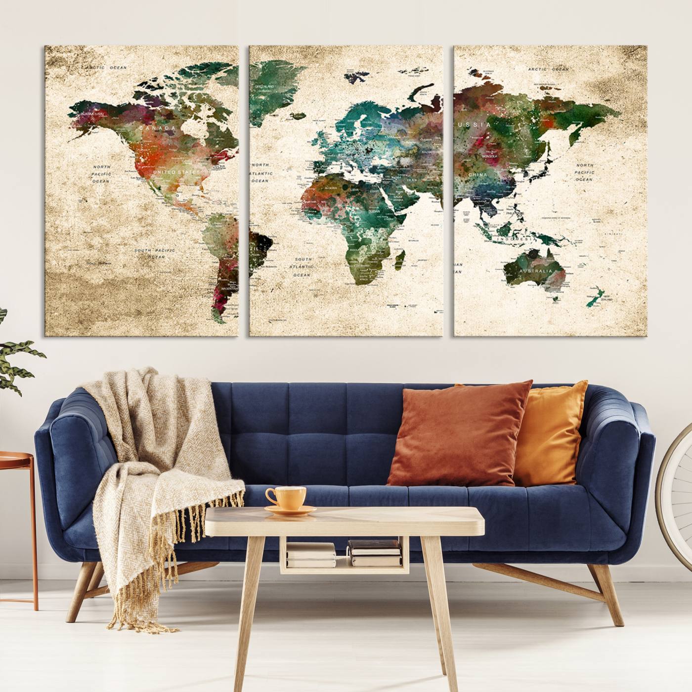 45128-MGV-CV-36X24-World Map WAll Art Print - Grunge Stained Background Large World Map Wall Art Canvas Print