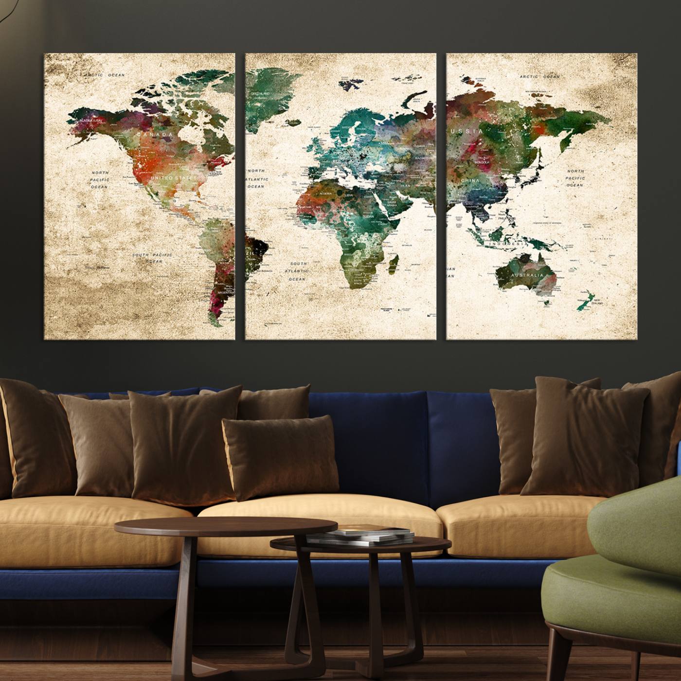 45128-MGV-CV-36X24-World Map WAll Art Print - Grunge Stained Background Large World Map Wall Art Canvas Print