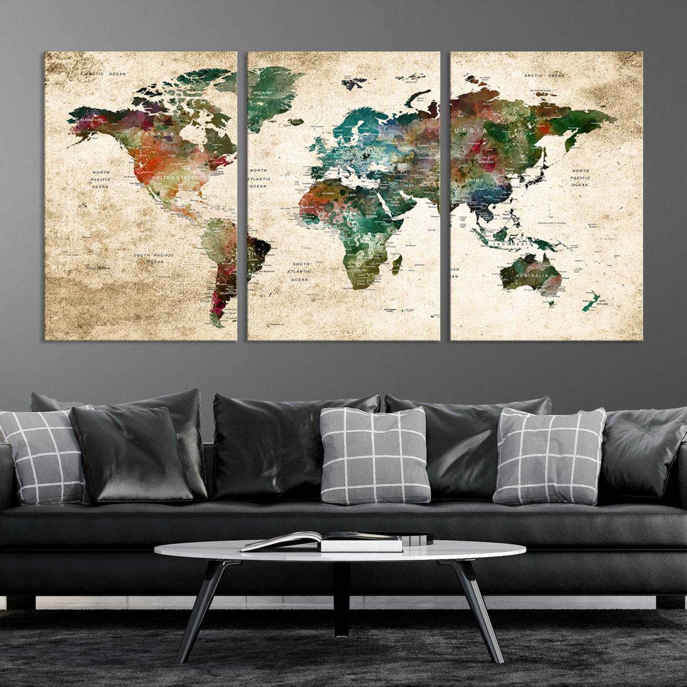 45128-MGV-CV-36X24-World Map WAll Art Print - Grunge Stained Background Large World Map Wall Art Canvas Print