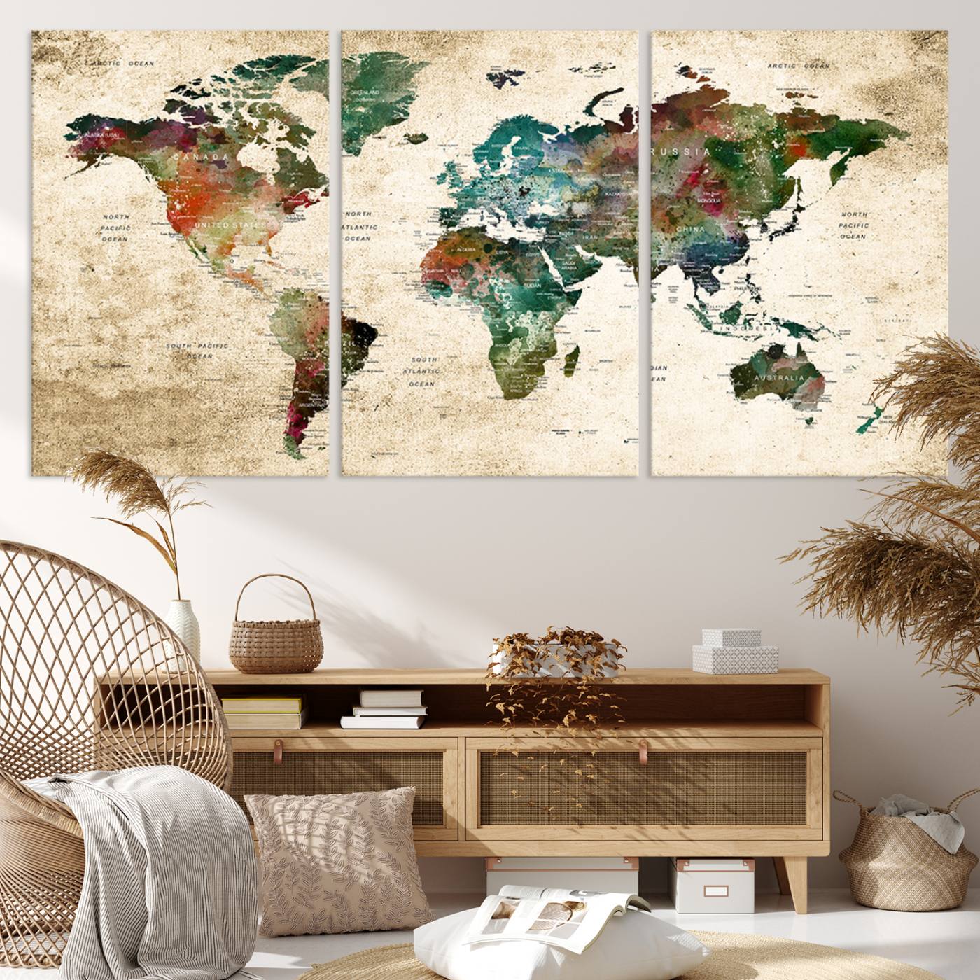45128-MGV-CV-36X24-World Map WAll Art Print - Grunge Stained Background Large World Map Wall Art Canvas Print