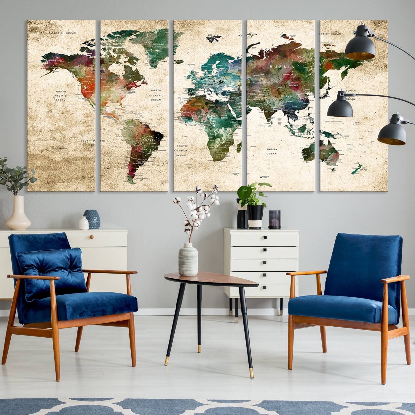 45128-MGV-CV-36X24-World Map WAll Art Print - Grunge Stained Background Large World Map Wall Art Canvas Print