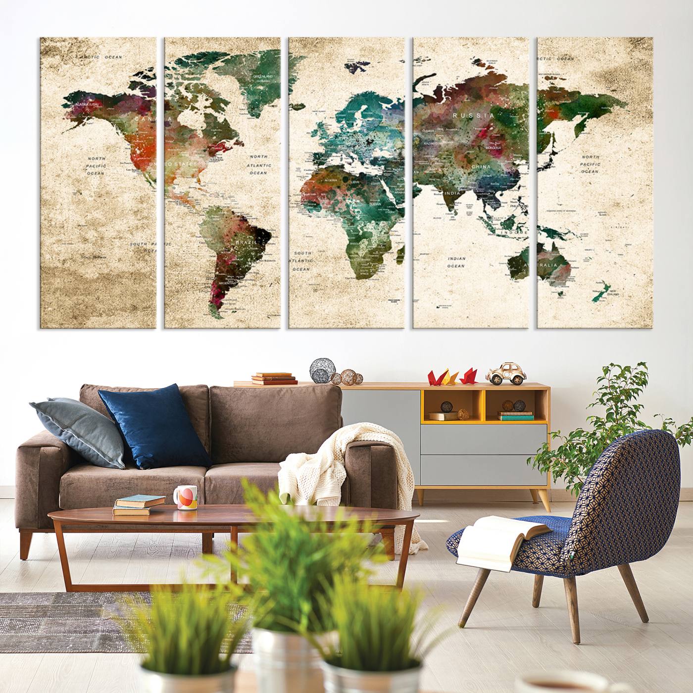 45128-MGV-CV-36X24-World Map WAll Art Print - Grunge Stained Background Large World Map Wall Art Canvas Print