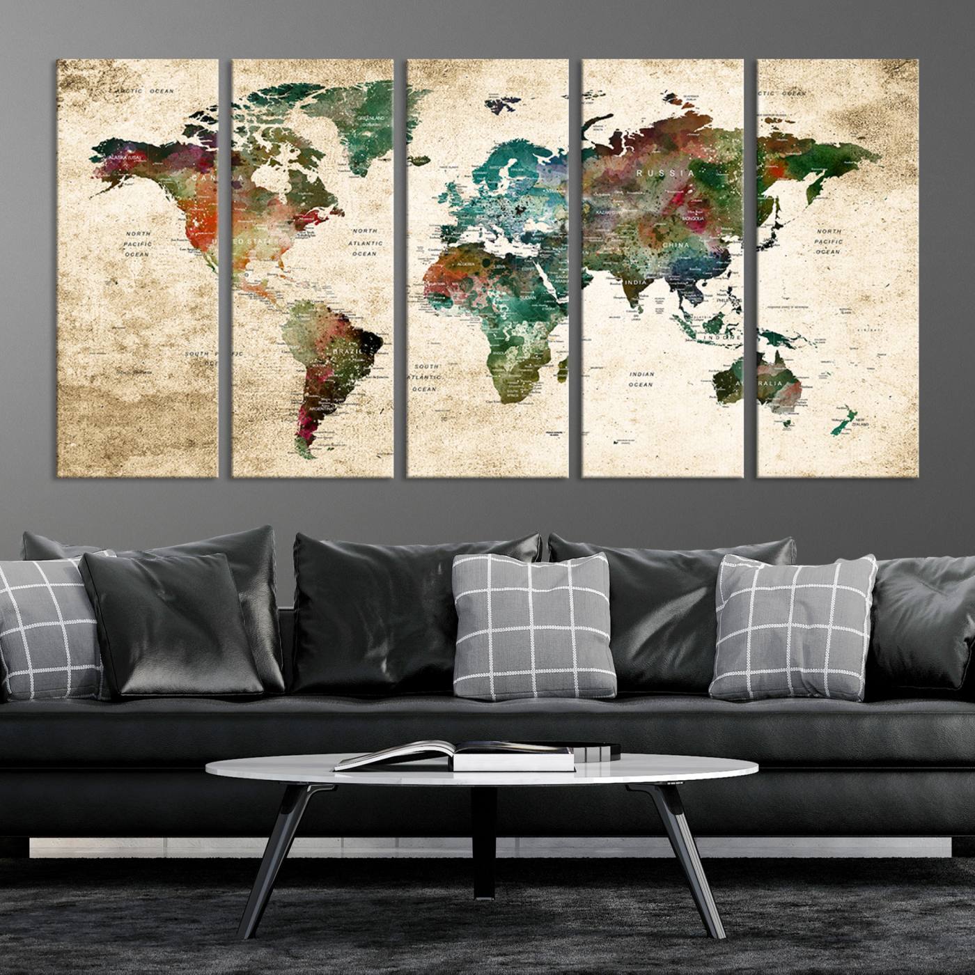 45128-MGV-CV-36X24-World Map WAll Art Print - Grunge Stained Background Large World Map Wall Art Canvas Print