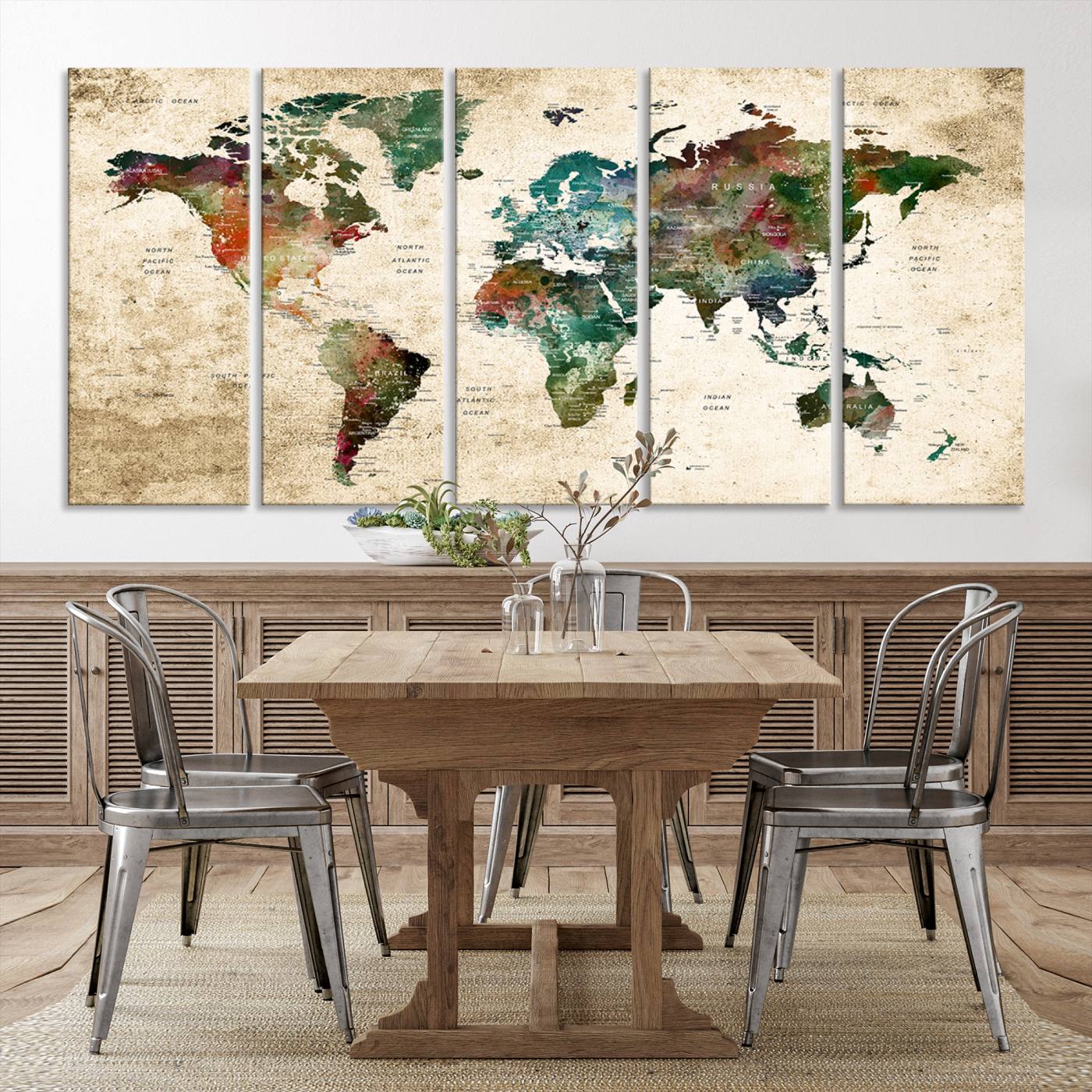 45128-MGV-CV-36X24-World Map WAll Art Print - Grunge Stained Background Large World Map Wall Art Canvas Print