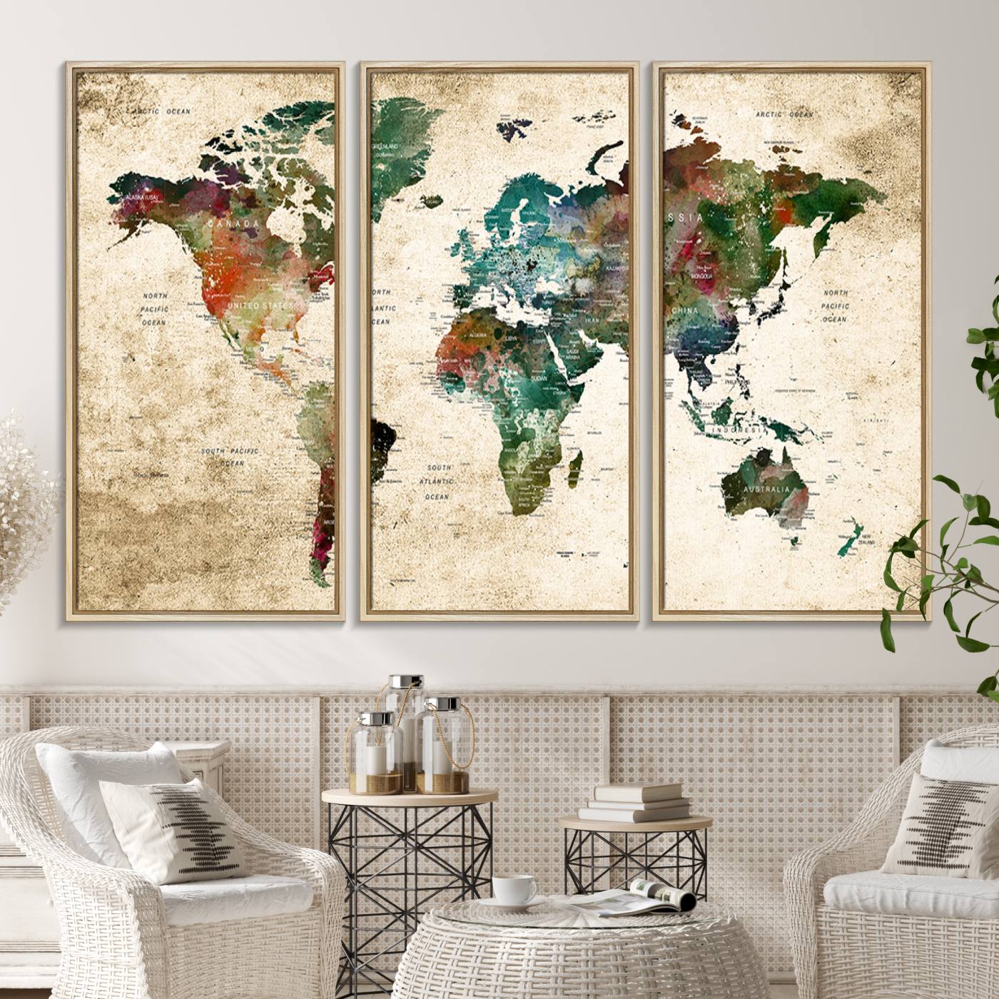 45128-MGV-CV-36X24-World Map WAll Art Print - Grunge Stained Background Large World Map Wall Art Canvas Print
