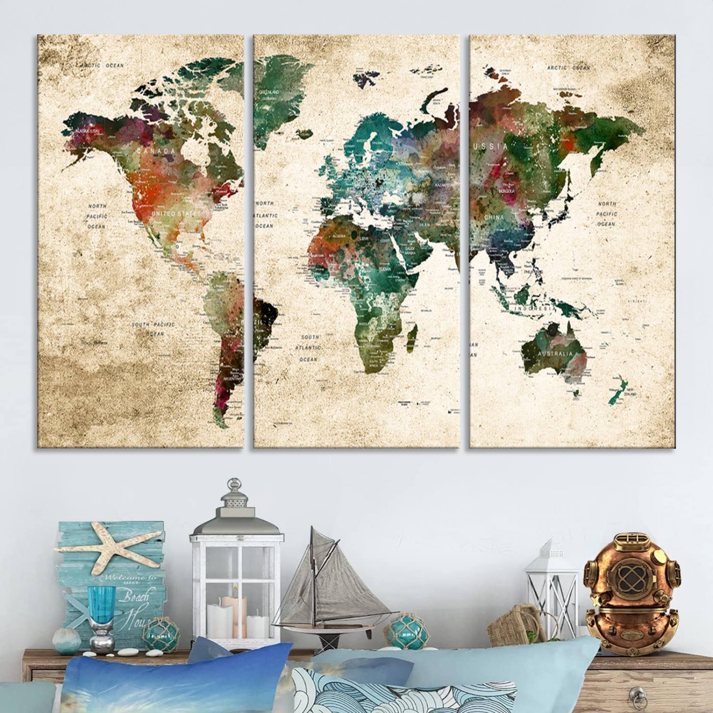 World Map WAll Art Print - Grunge Stained Background Large World Map Wall Art Canvas Print