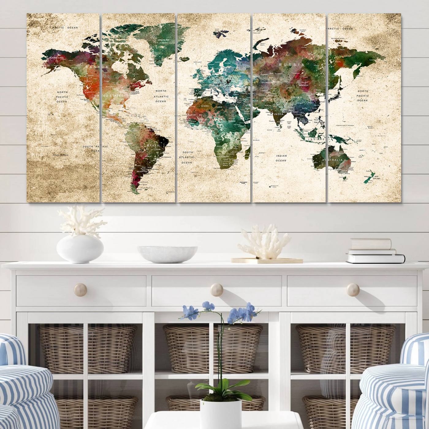 45128-MGV-CV-60X31-5P-World Map WAll Art Print - Grunge Stained Background Large World Map Wall Art Canvas Print
