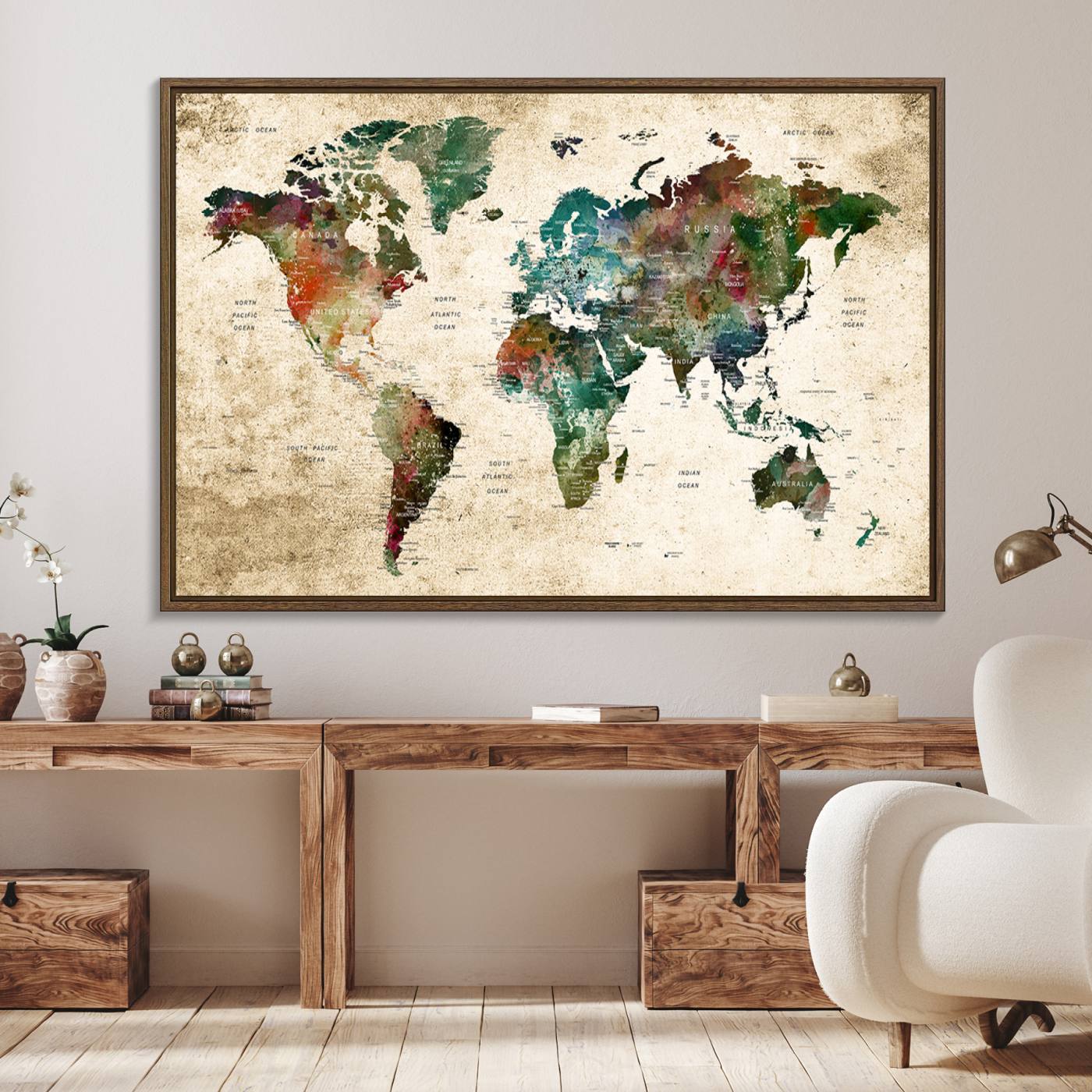 45128-MGV-FC-36X24_Walnut-World Map WAll Art Print - Grunge Stained Background Large World Map Wall Art Canvas Print