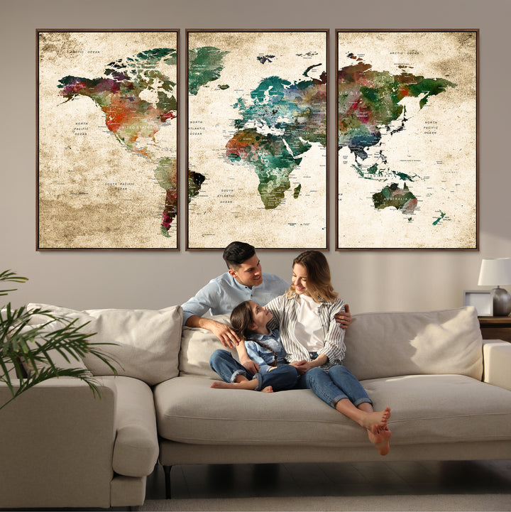 World Map WAll Art Print - Grunge Stained Background Large World Map Wall Art Canvas Print