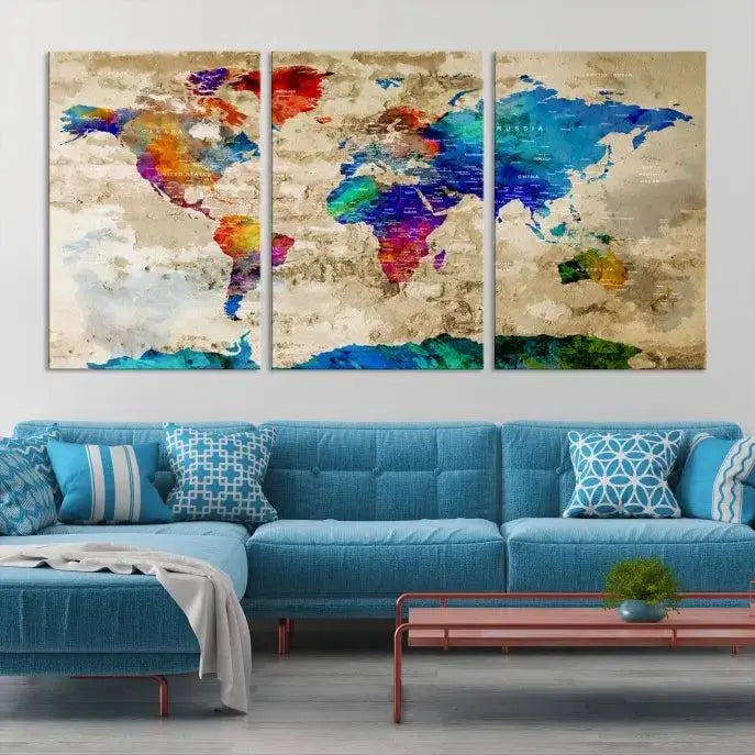 A museum-quality World Map Wall Art Canvas Print with vibrant colors and UV protection coating hangs prominently in a modern living room.