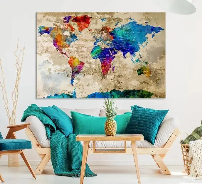 A museum-quality World Map Wall Art Canvas Print with vibrant colors and UV protection coating hangs prominently in a modern living room.