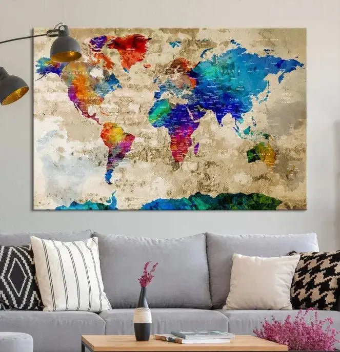 A museum-quality World Map Wall Art Canvas Print with vibrant colors and UV protection coating hangs prominently in a modern living room.