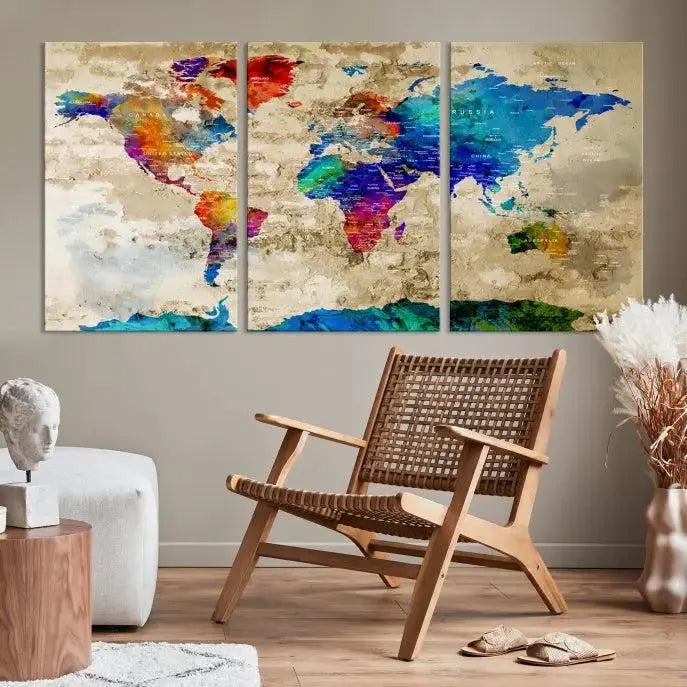 A museum-quality World Map Wall Art Canvas Print with vibrant colors and UV protection coating hangs prominently in a modern living room.