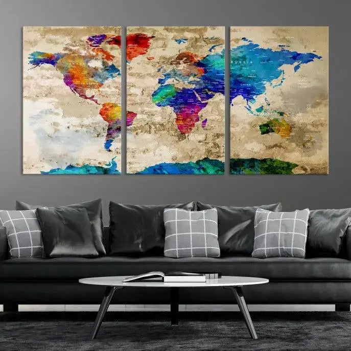 A museum-quality World Map Wall Art Canvas Print with vibrant colors and UV protection coating hangs prominently in a modern living room.