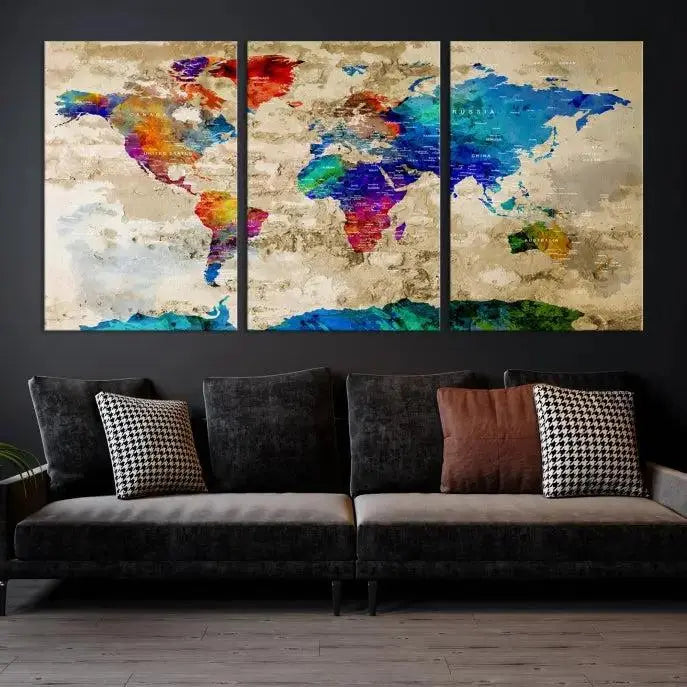 A museum-quality World Map Wall Art Canvas Print with vibrant colors and UV protection coating hangs prominently in a modern living room.