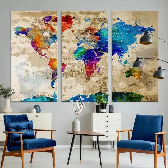 A museum-quality World Map Wall Art Canvas Print with vibrant colors and UV protection coating hangs prominently in a modern living room.