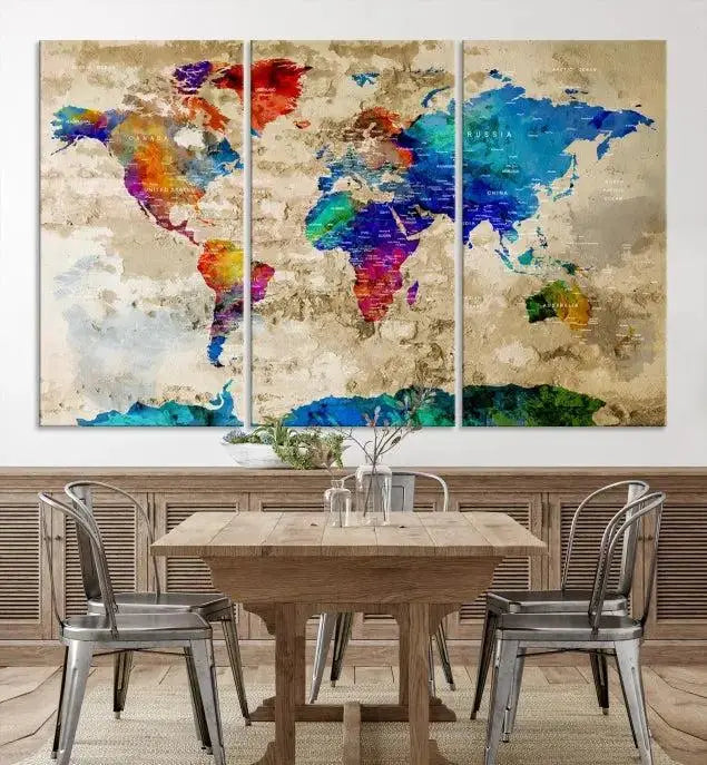 A museum-quality World Map Wall Art Canvas Print with vibrant colors and UV protection coating hangs prominently in a modern living room.