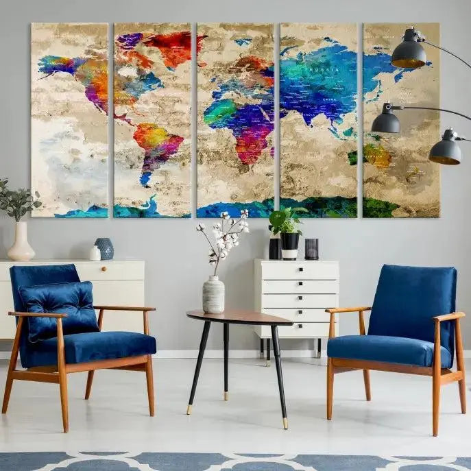 A museum-quality World Map Wall Art Canvas Print with vibrant colors and UV protection coating hangs prominently in a modern living room.