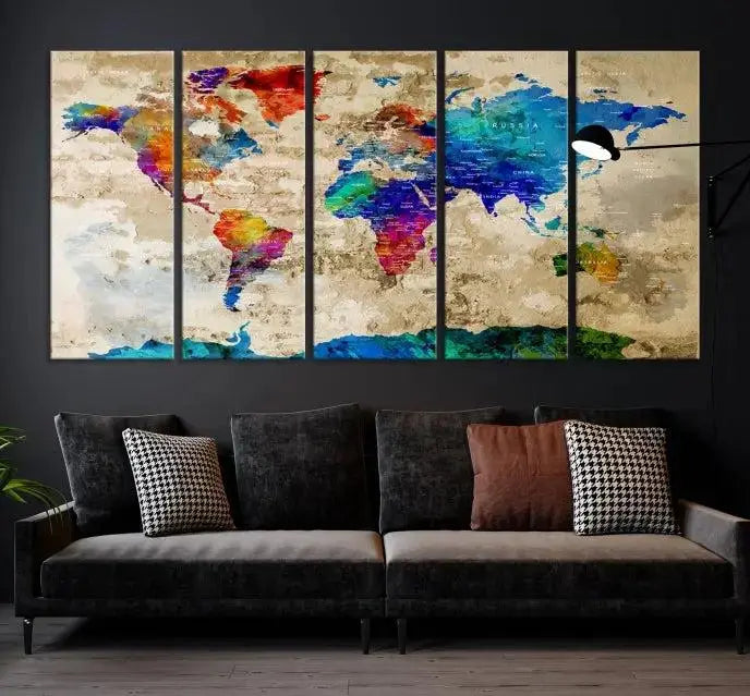 A museum-quality World Map Wall Art Canvas Print with vibrant colors and UV protection coating hangs prominently in a modern living room.