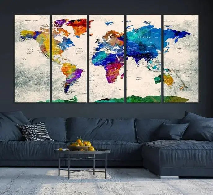 A vibrant "World Map Wall Art Canvas Print," crafted on museum-quality polycotton canvas, is displayed. This gallery-wrapped piece, professionally hand-assembled, beautifully enhances your living space.