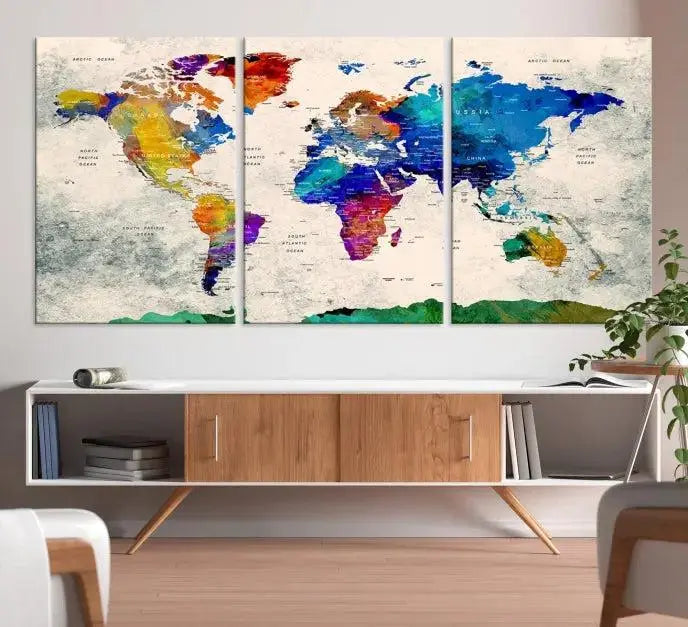 A vibrant "World Map Wall Art Canvas Print," crafted on museum-quality polycotton canvas, is displayed. This gallery-wrapped piece, professionally hand-assembled, beautifully enhances your living space.