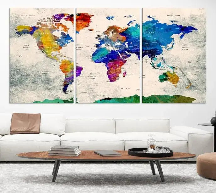 A vibrant "World Map Wall Art Canvas Print," crafted on museum-quality polycotton canvas, is displayed. This gallery-wrapped piece, professionally hand-assembled, beautifully enhances your living space.