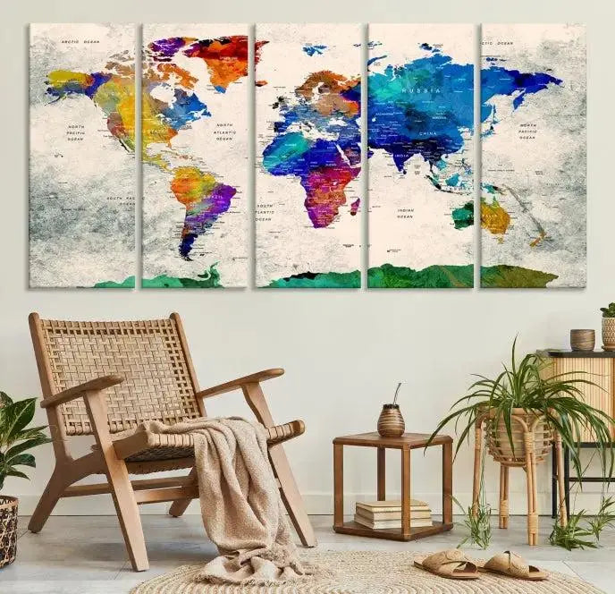 A vibrant "World Map Wall Art Canvas Print," crafted on museum-quality polycotton canvas, is displayed. This gallery-wrapped piece, professionally hand-assembled, beautifully enhances your living space.