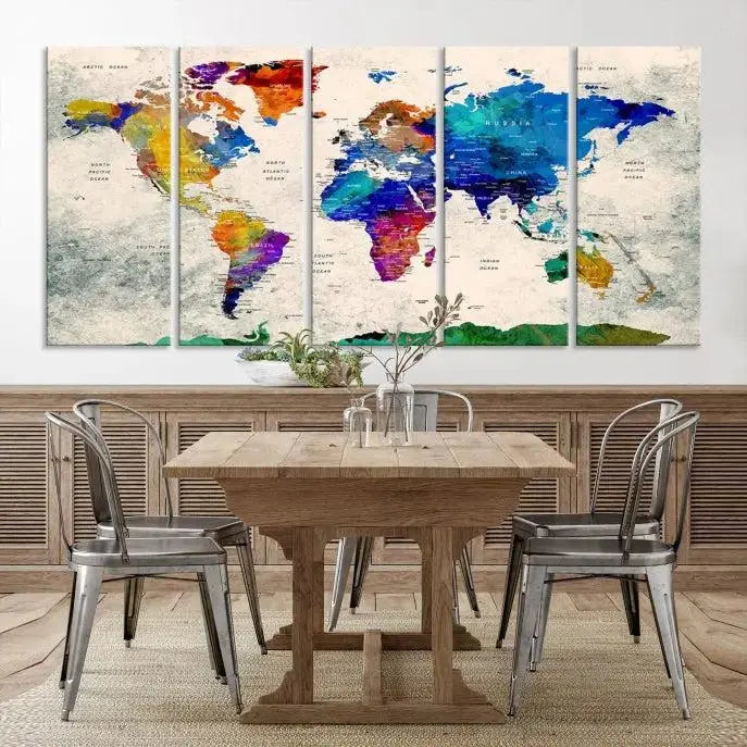 A vibrant "World Map Wall Art Canvas Print," crafted on museum-quality polycotton canvas, is displayed. This gallery-wrapped piece, professionally hand-assembled, beautifully enhances your living space.