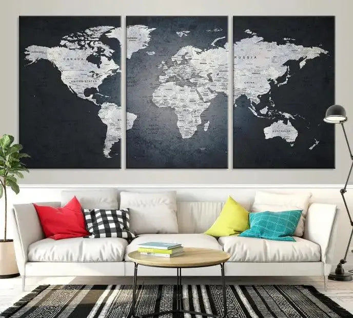 The exquisite World Map Wall Art Canvas Print is ready to hang on the wall.