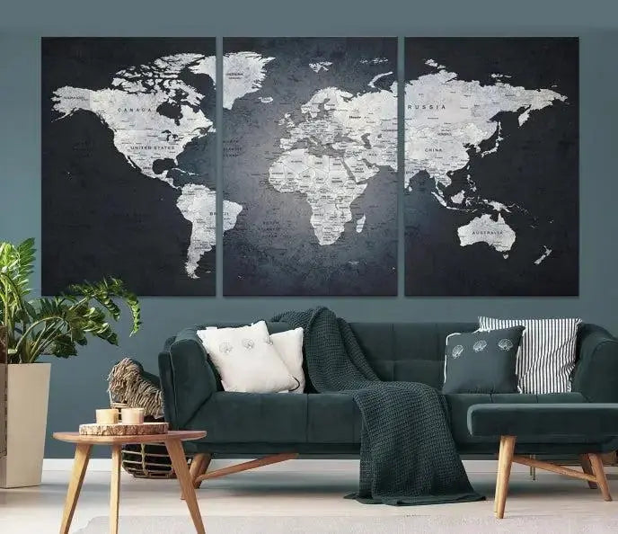 The exquisite World Map Wall Art Canvas Print is ready to hang on the wall.