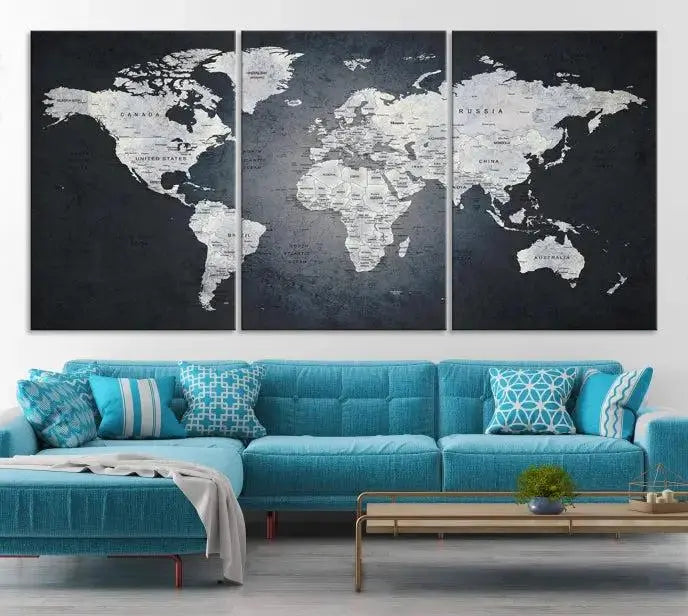 The exquisite World Map Wall Art Canvas Print is ready to hang on the wall.