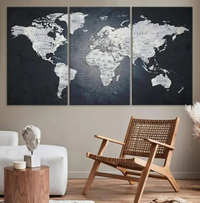 The exquisite World Map Wall Art Canvas Print is ready to hang on the wall.