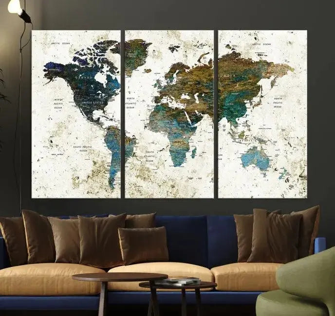 The living room showcases a World Map Wall Art Canvas Print, a stunning triptych on museum-quality canvas. This artistic piece, crafted by professional craftsmen, turns the space into an inviting haven.