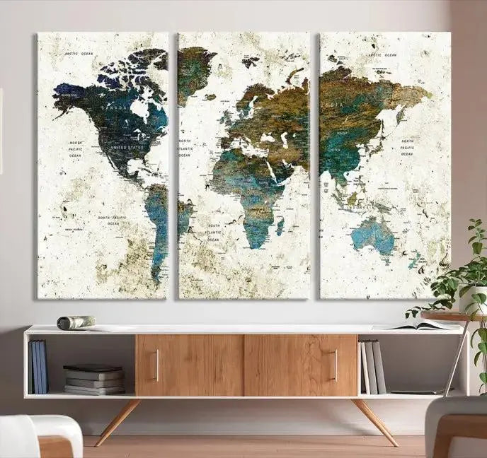 The living room showcases a World Map Wall Art Canvas Print, a stunning triptych on museum-quality canvas. This artistic piece, crafted by professional craftsmen, turns the space into an inviting haven.