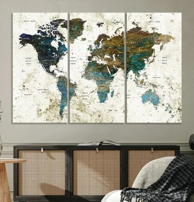 The living room showcases a World Map Wall Art Canvas Print, a stunning triptych on museum-quality canvas. This artistic piece, crafted by professional craftsmen, turns the space into an inviting haven.