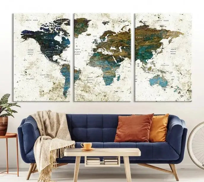 The living room showcases a World Map Wall Art Canvas Print, a stunning triptych on museum-quality canvas. This artistic piece, crafted by professional craftsmen, turns the space into an inviting haven.