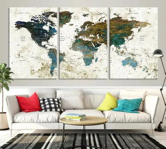 The living room showcases a World Map Wall Art Canvas Print, a stunning triptych on museum-quality canvas. This artistic piece, crafted by professional craftsmen, turns the space into an inviting haven.