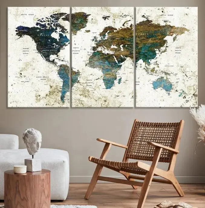 The living room showcases a World Map Wall Art Canvas Print, a stunning triptych on museum-quality canvas. This artistic piece, crafted by professional craftsmen, turns the space into an inviting haven.