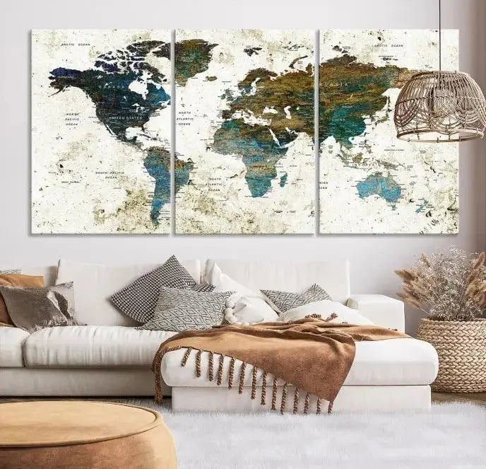 The living room showcases a World Map Wall Art Canvas Print, a stunning triptych on museum-quality canvas. This artistic piece, crafted by professional craftsmen, turns the space into an inviting haven.