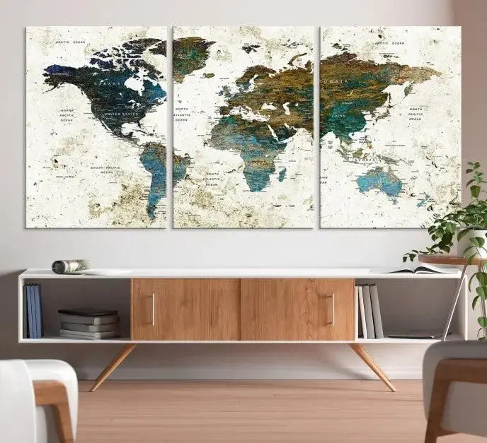 The living room showcases a World Map Wall Art Canvas Print, a stunning triptych on museum-quality canvas. This artistic piece, crafted by professional craftsmen, turns the space into an inviting haven.